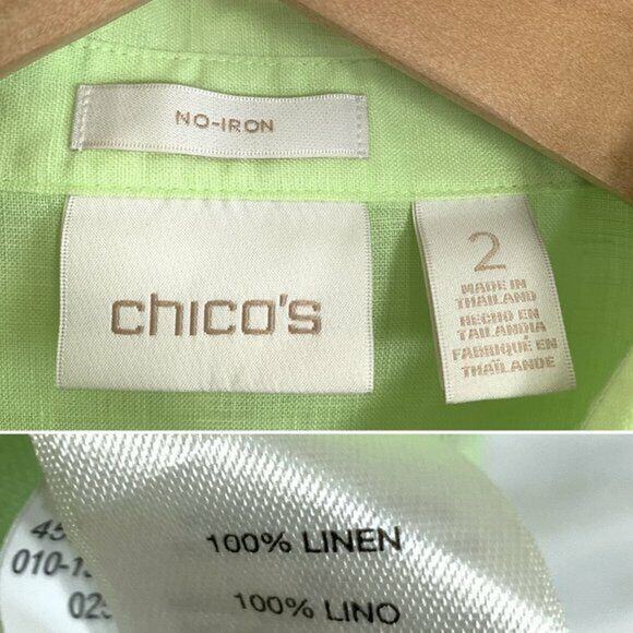 Chicos Linen Lydia Tie Front Shirt Green Lagenlook Non Iron Womens Large 2 - Picture 7 of 7